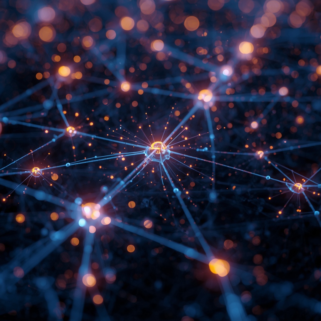 Futuristic neural network visualization with interconnected glowing nodes and data streams flowing through digital pathways representing artificial intelligence evolution